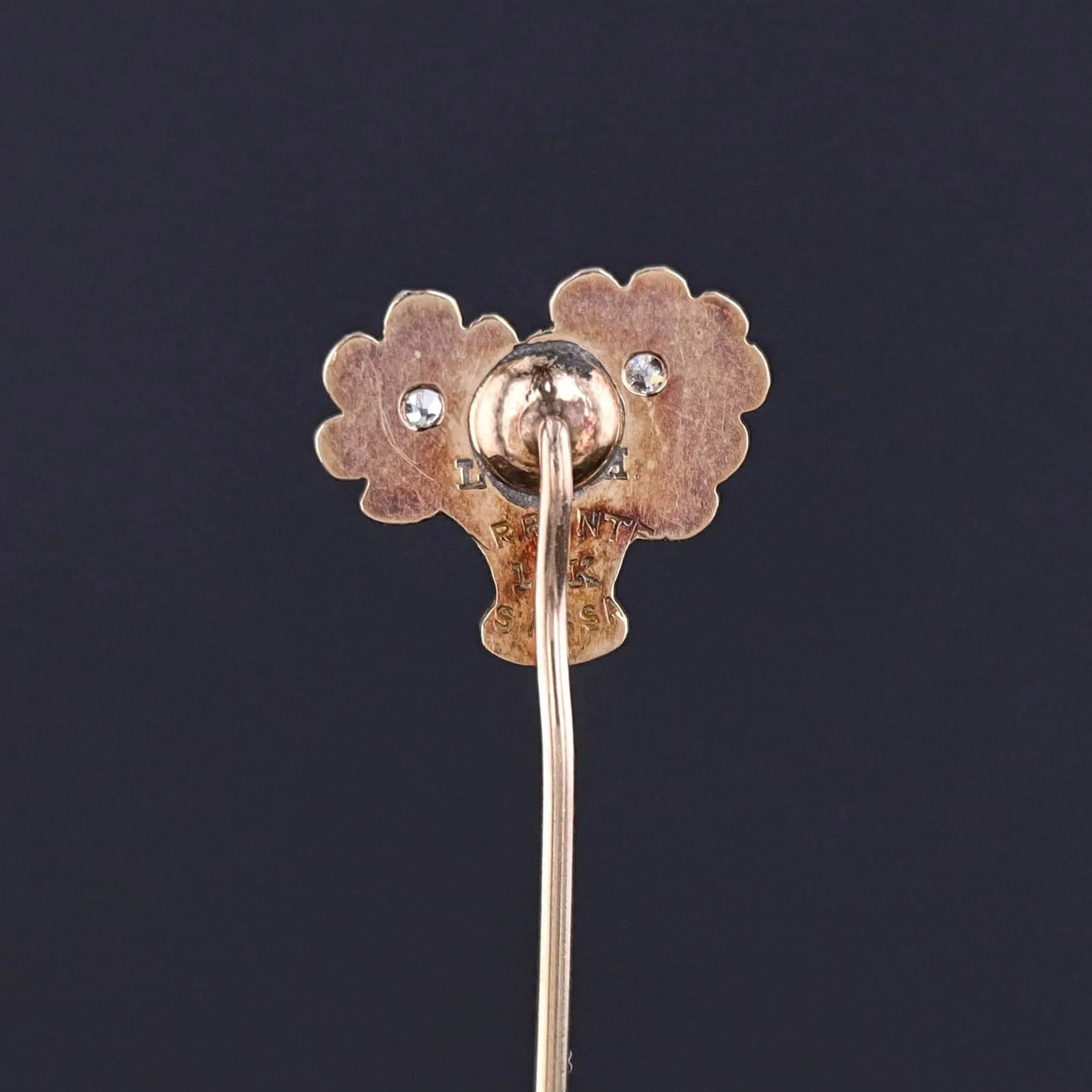 Antique Enamel & Diamond Flower Basket Stick Pin of 14k Gold