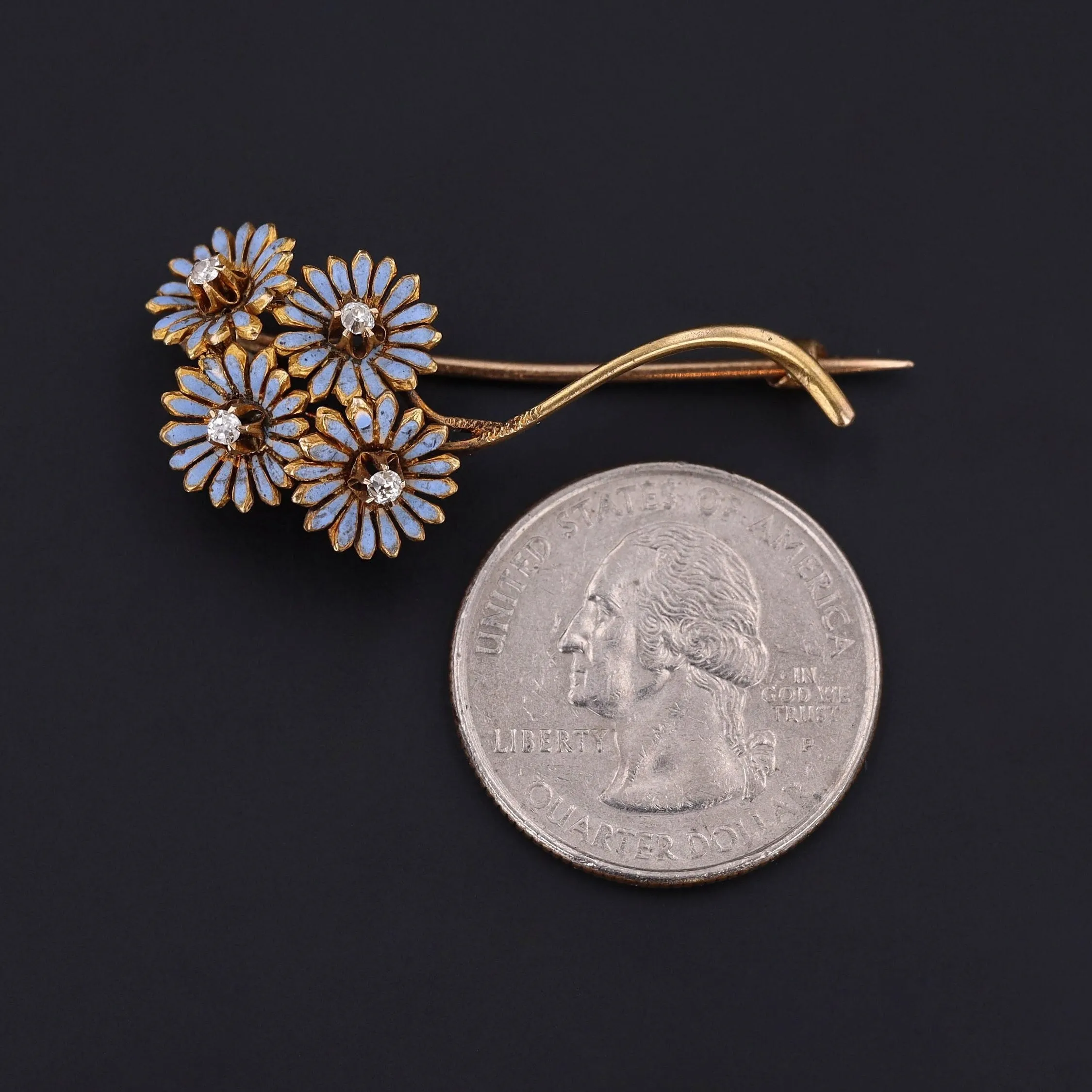 Antique Enamel and Diamond Daisy Brooch of 14k Gold