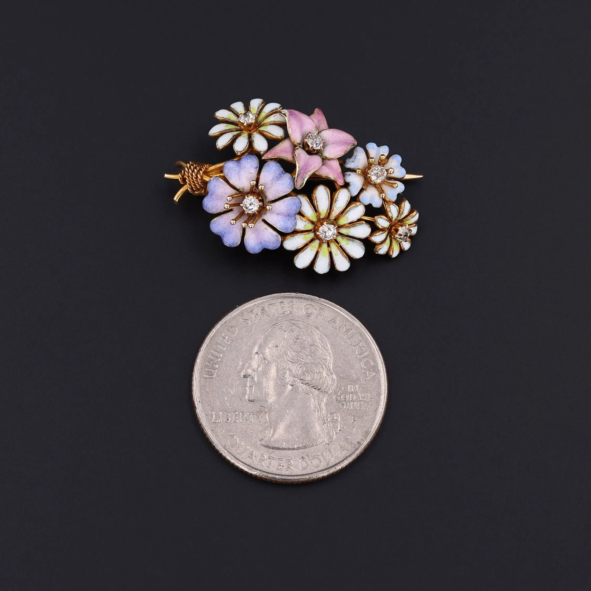 Antique Enamel and Diamond Flower Bouquet Brooch of 14k Gold