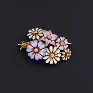 Antique Enamel and Diamond Flower Bouquet Brooch of 14k Gold