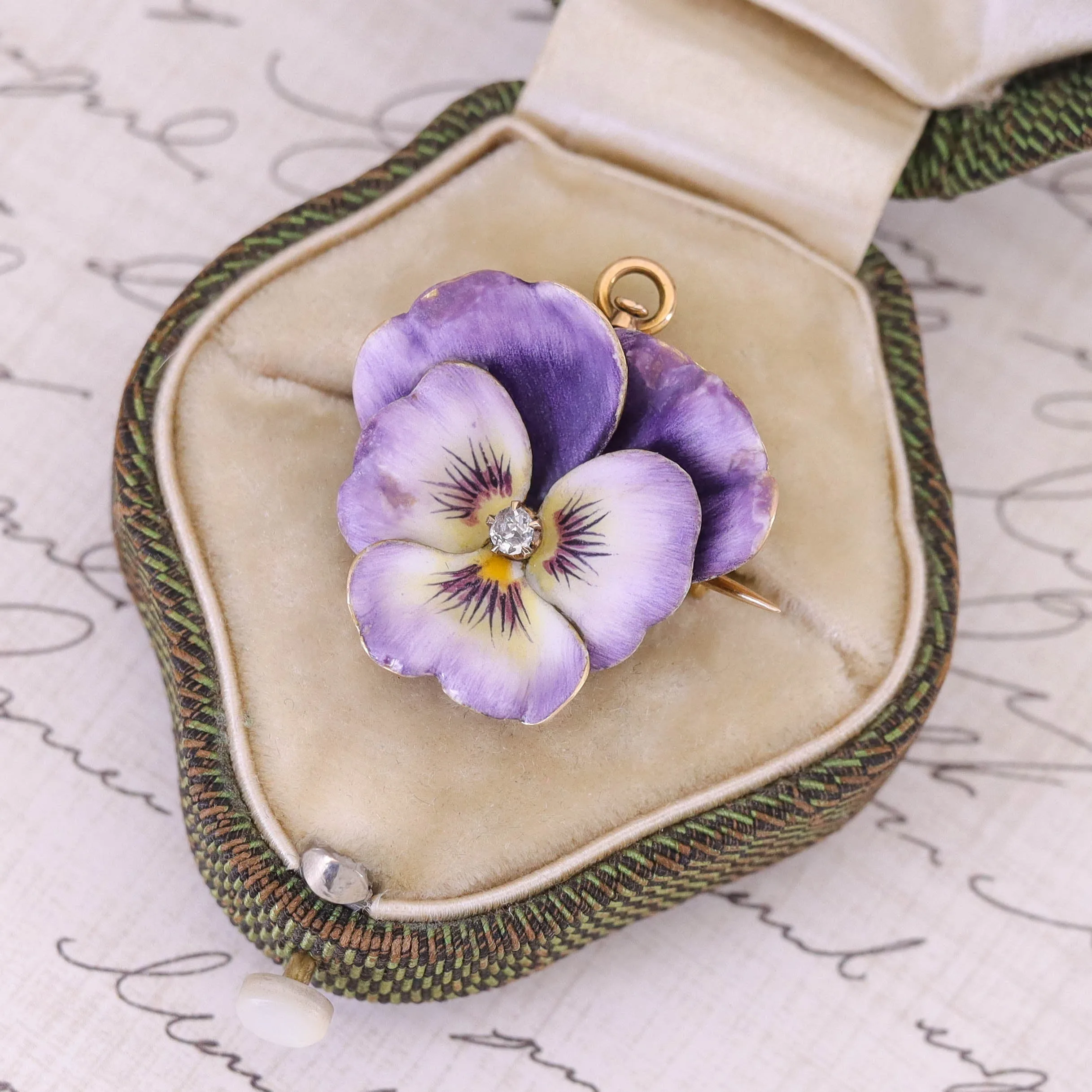 Antique Enamel and Diamond Pansy Brooch or Pendant of 14k Gold