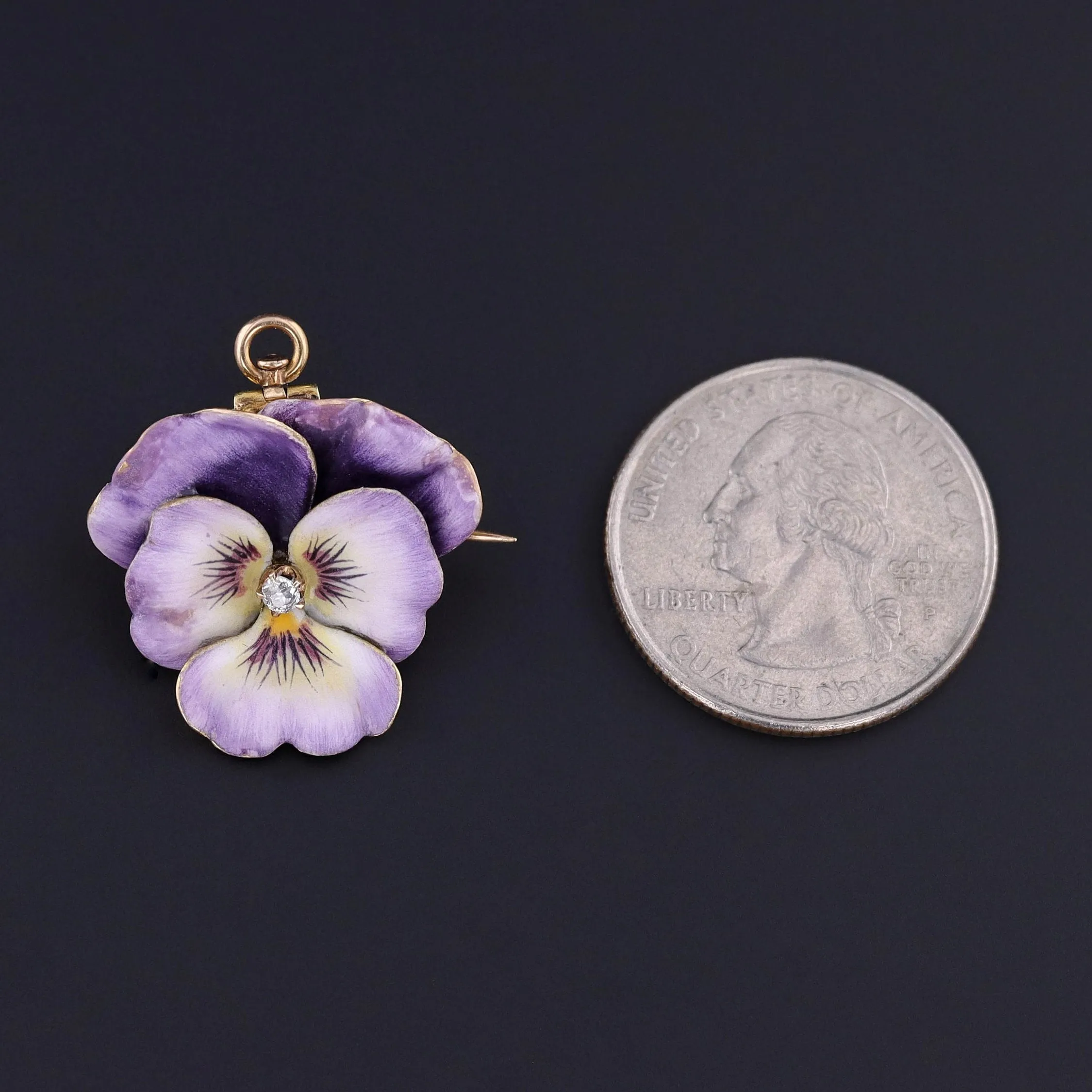 Antique Enamel and Diamond Pansy Brooch or Pendant of 14k Gold