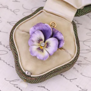 Antique Enamel and Diamond Pansy Brooch or Pendant of 14k Gold