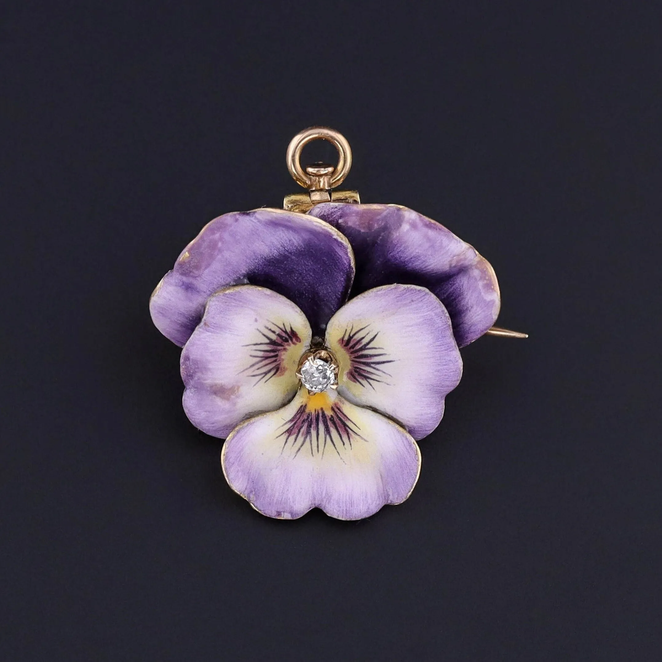 Antique Enamel and Diamond Pansy Brooch or Pendant of 14k Gold