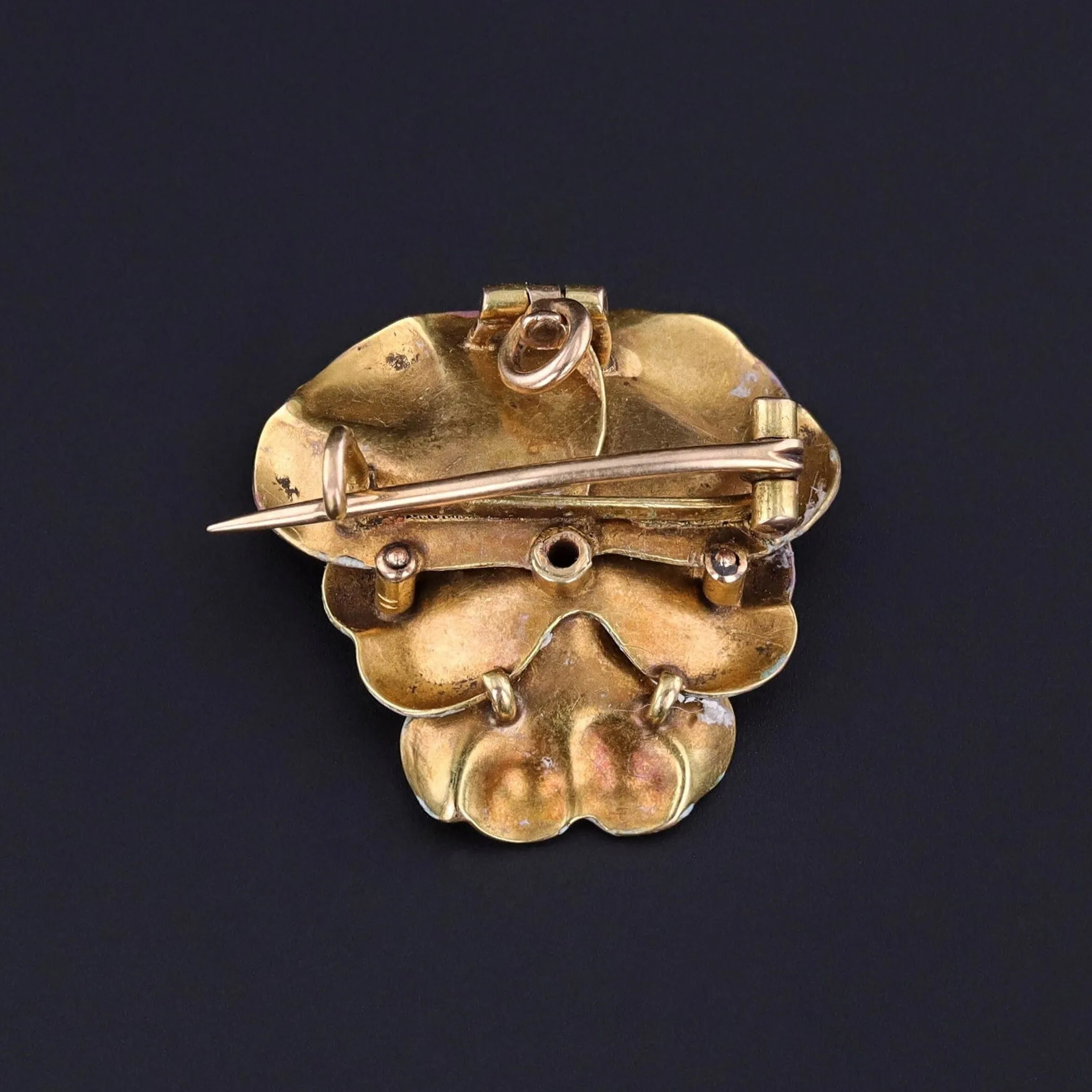 Antique Enamel and Diamond Pansy Brooch or Pendant of 14k Gold