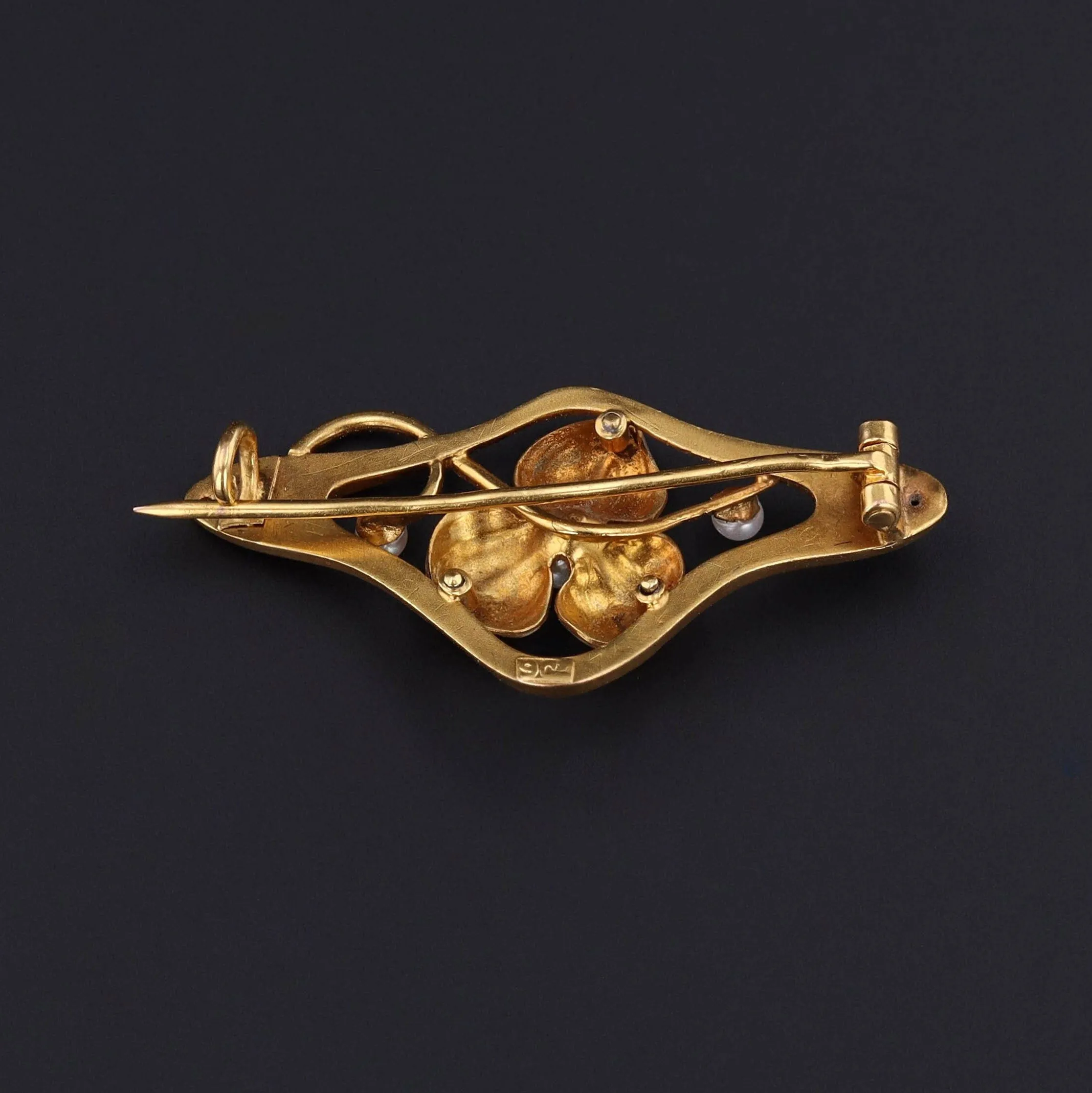 Antique Enamel and Pearl Flower Brooch of 9ct Gold
