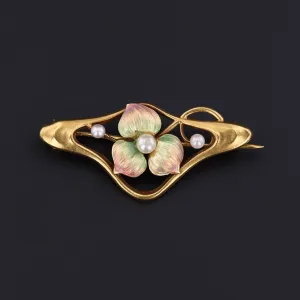 Antique Enamel and Pearl Flower Brooch of 9ct Gold