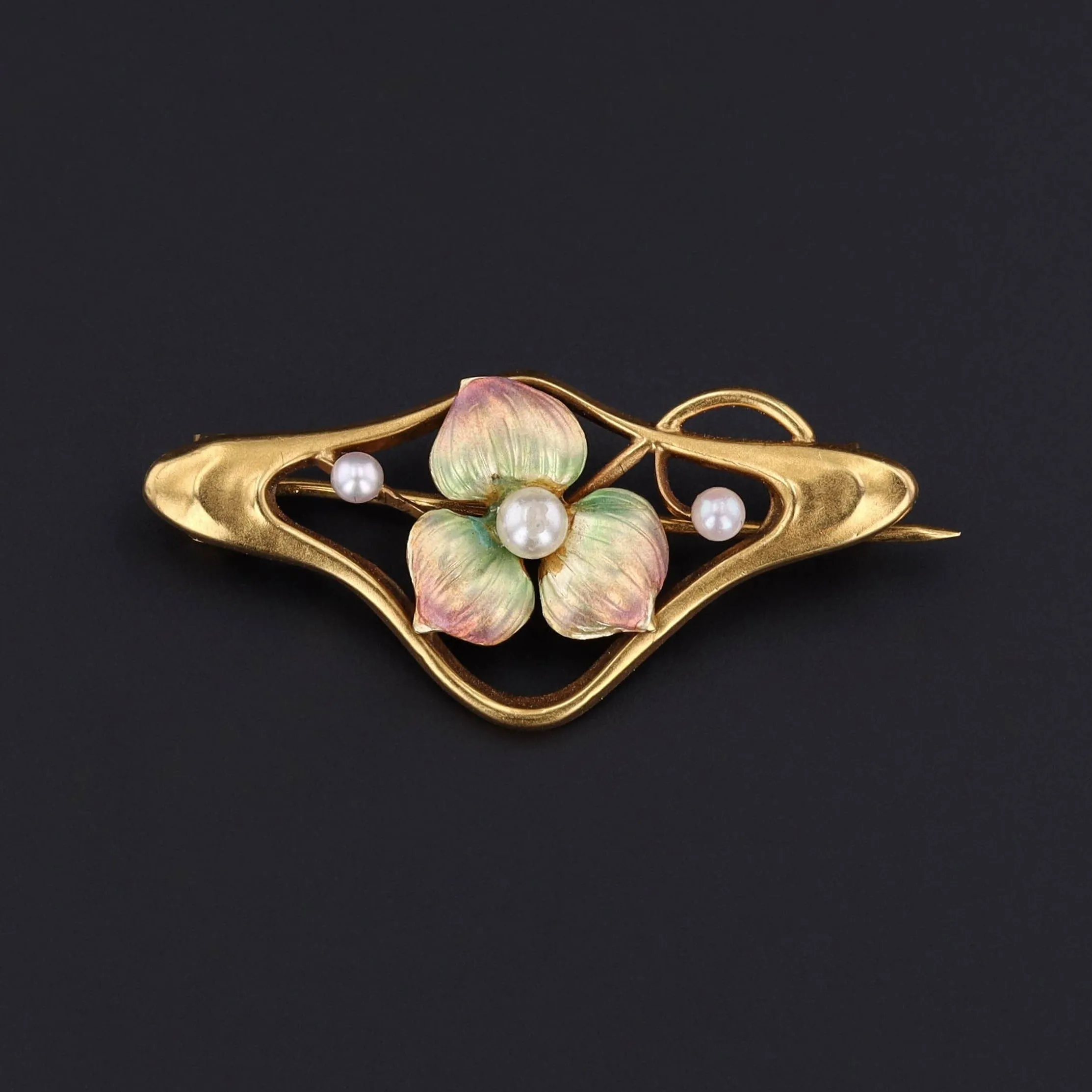 Antique Enamel and Pearl Flower Brooch of 9ct Gold