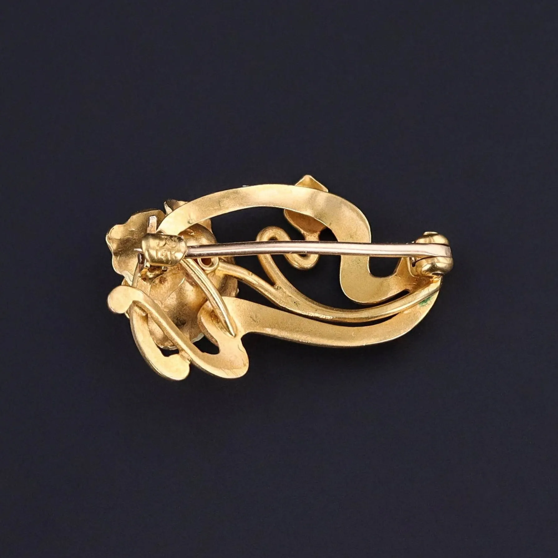 Antique Enamel Flower Brooch of 14k Gold