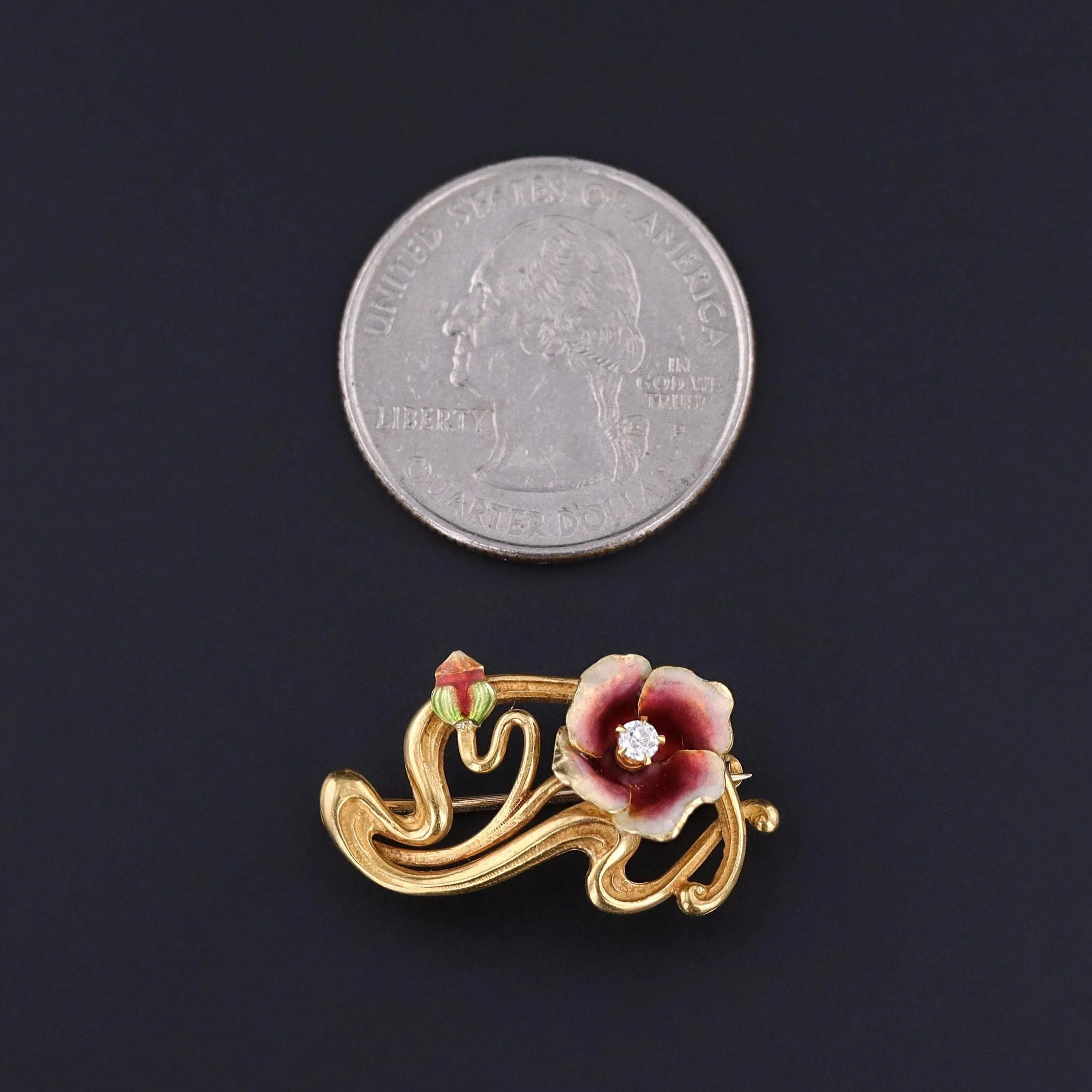 Antique Enamel Flower Brooch of 14k Gold