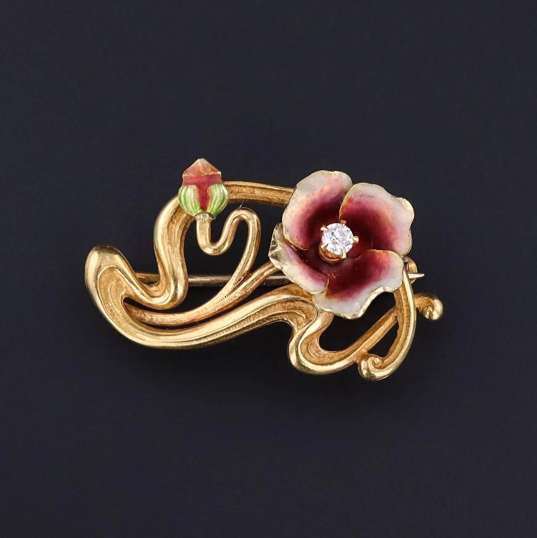 Antique Enamel Flower Brooch of 14k Gold