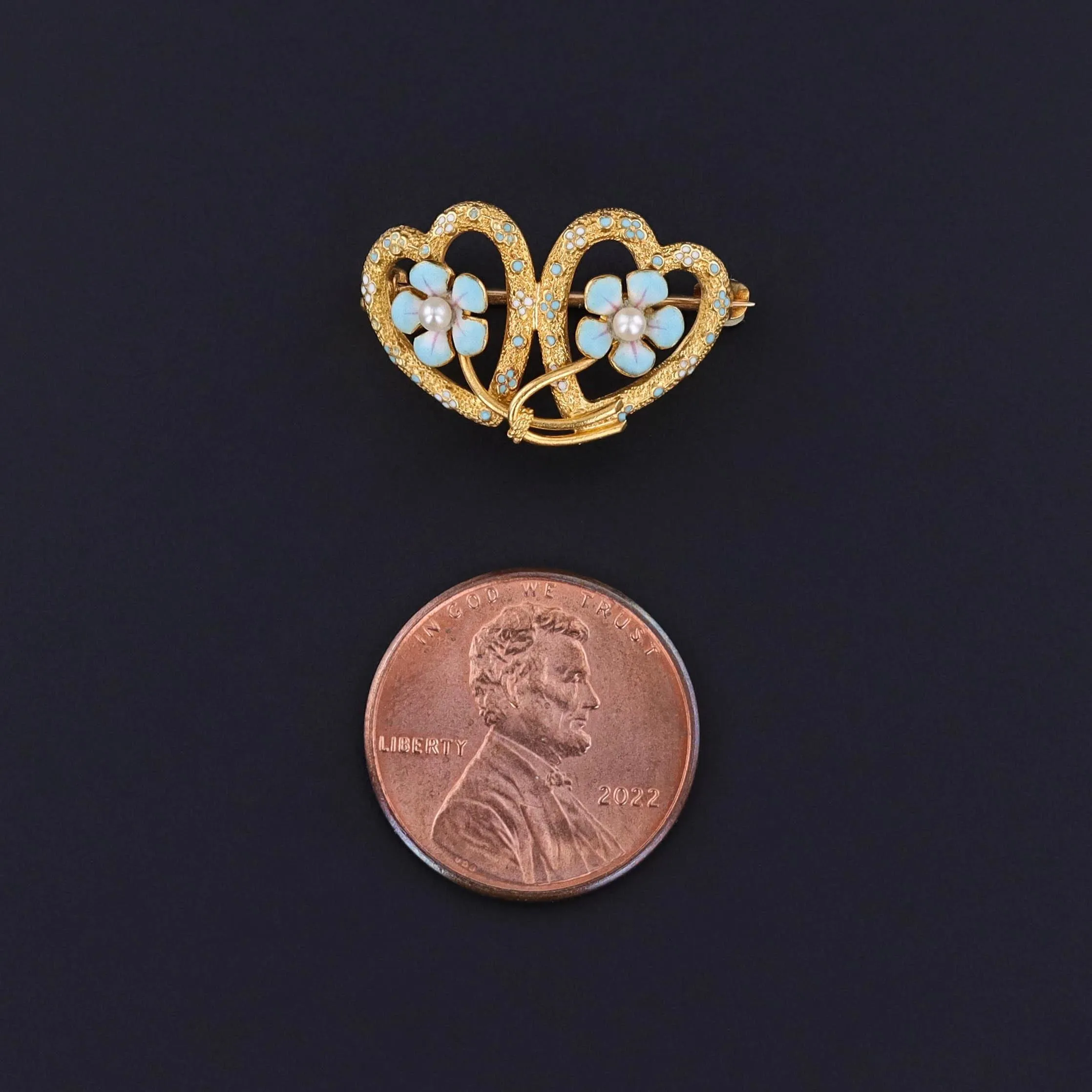 Antique Enamel Forget-Me-Not Heart Brooch of 14k Gold by Krementz & Co