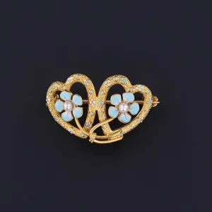 Antique Enamel Forget-Me-Not Heart Brooch of 14k Gold by Krementz & Co