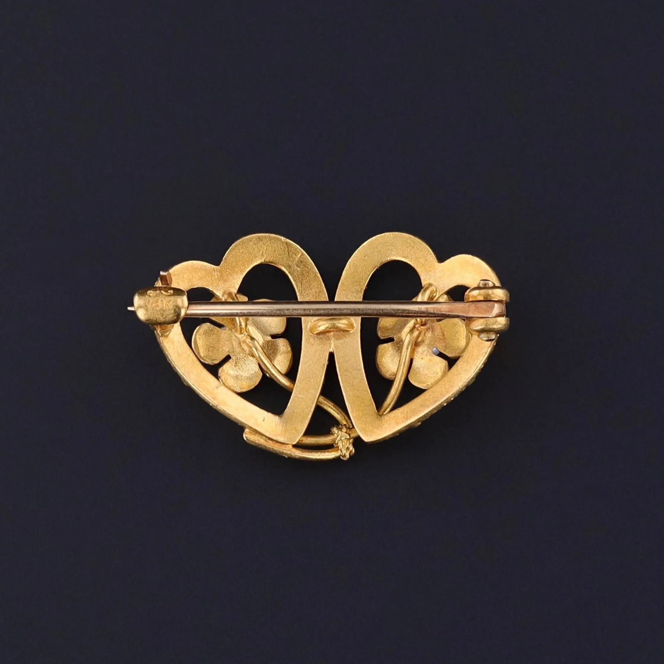 Antique Enamel Forget-Me-Not Heart Brooch of 14k Gold by Krementz & Co
