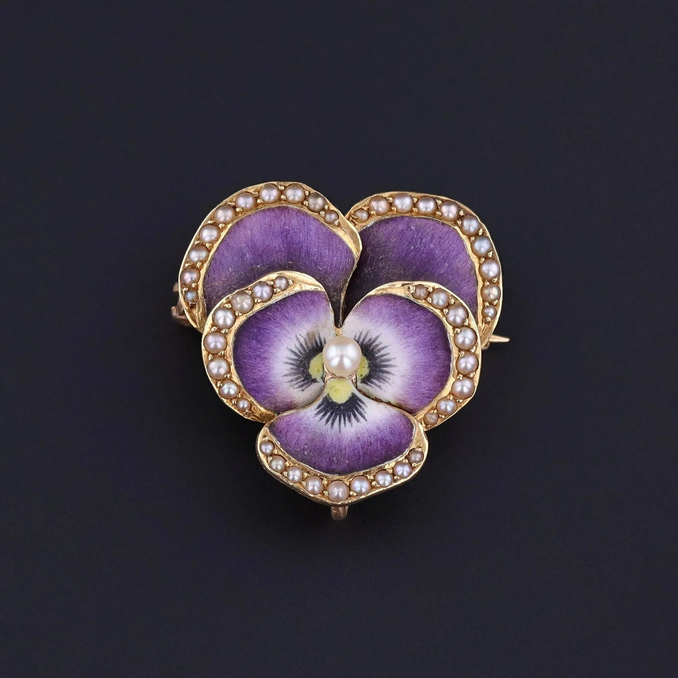 Antique Enamel Pansy Pendant Brooch of 14k Gold