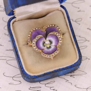 Antique Enamel Pansy Pendant Brooch of 14k Gold