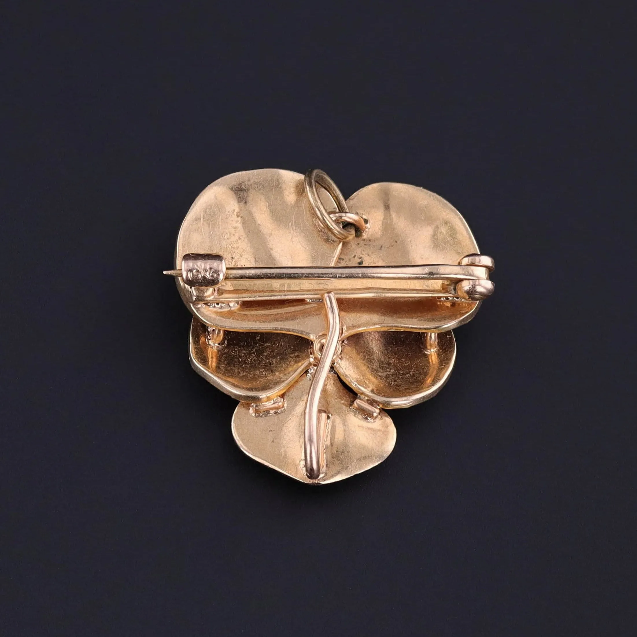 Antique Enamel Pansy Pendant Brooch of 14k Gold