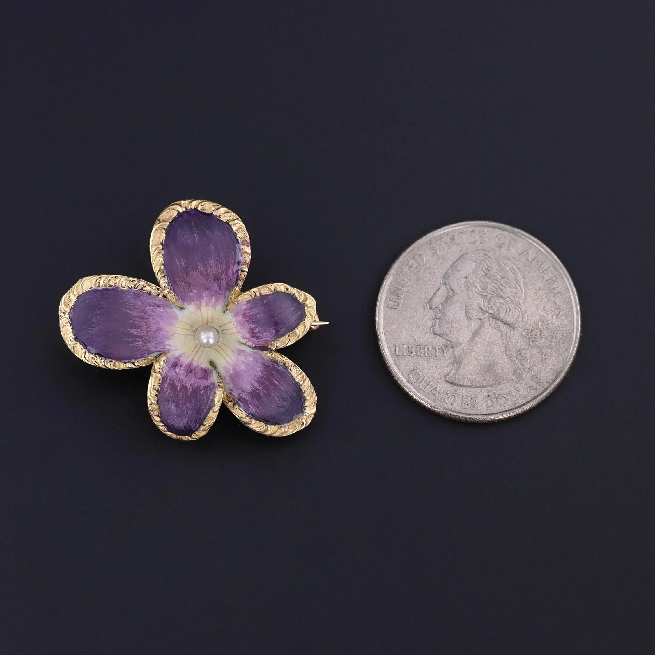 Antique Enamel Violet Pendant Brooch of 14k Gold