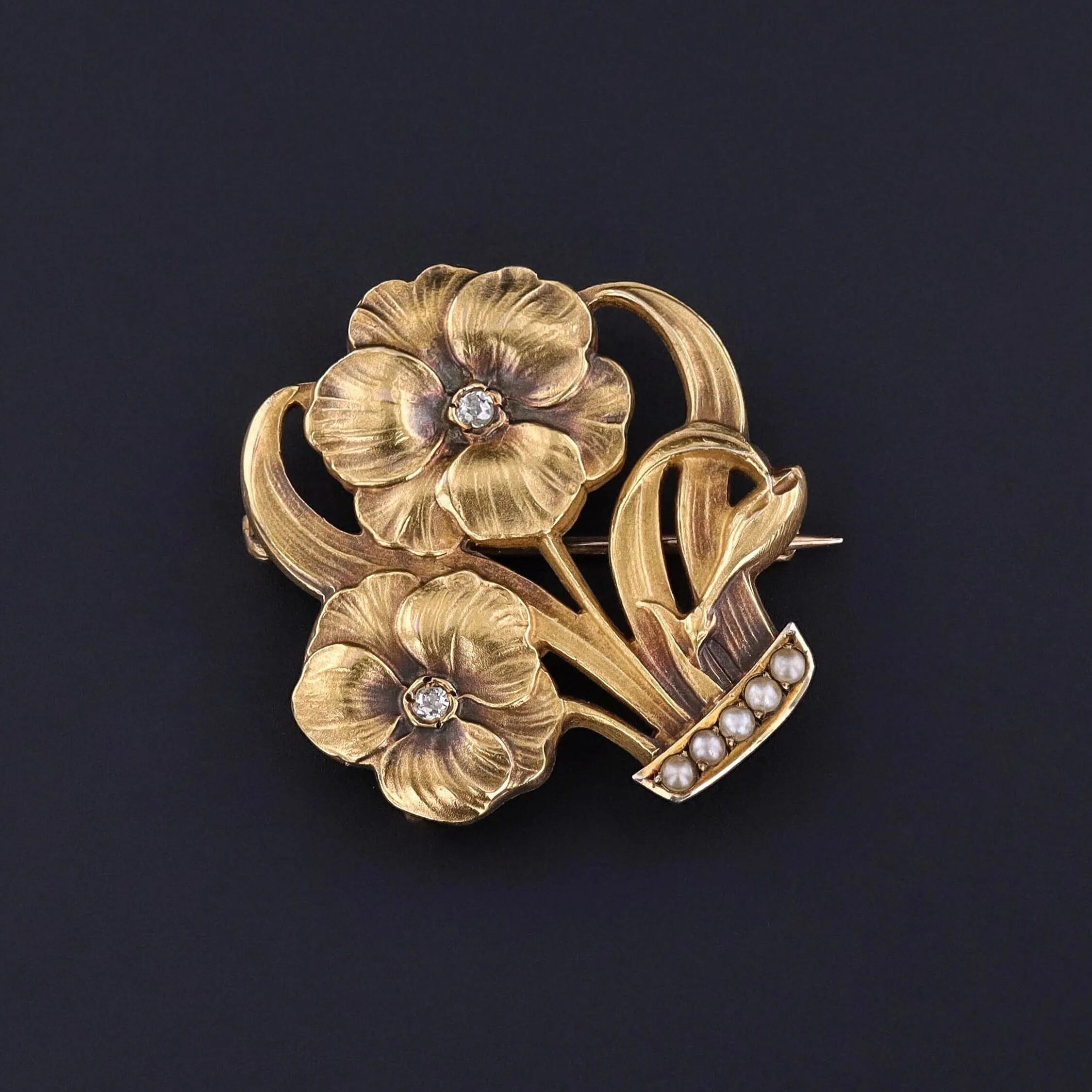 Antique Flower Basket Brooch of 10k Gold