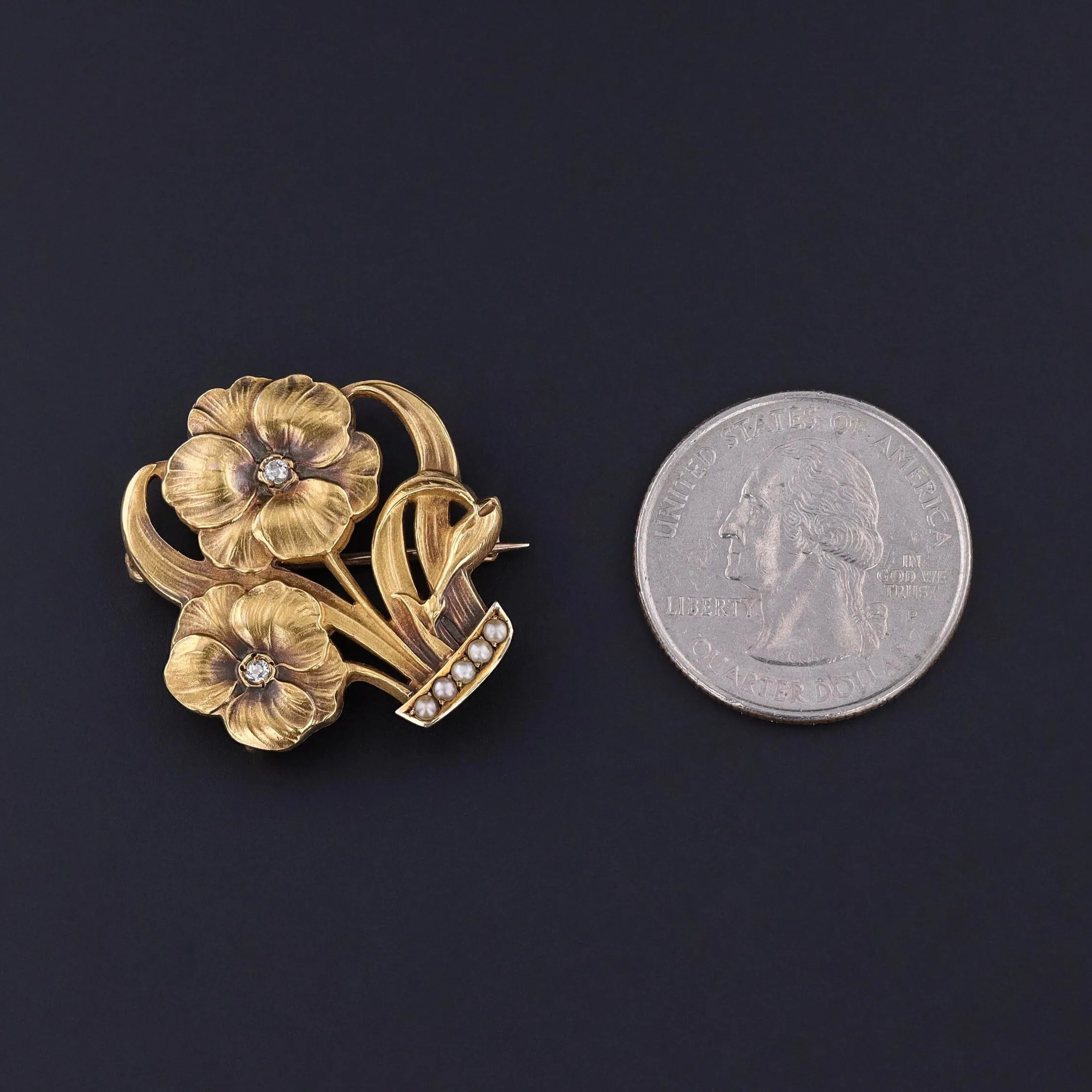 Antique Flower Basket Brooch of 10k Gold