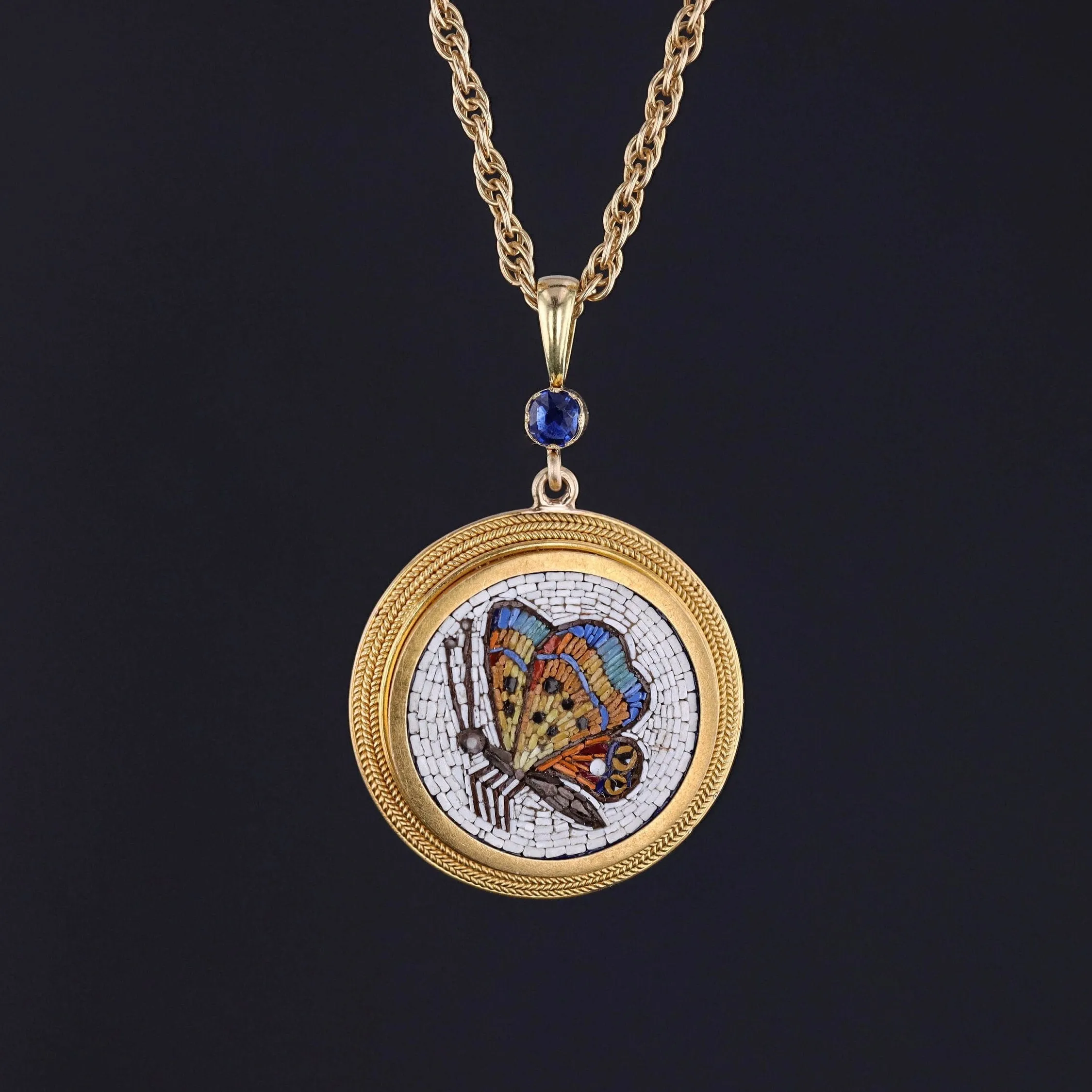 Antique Micromosaic Butterfly Necklace of 18k Gold