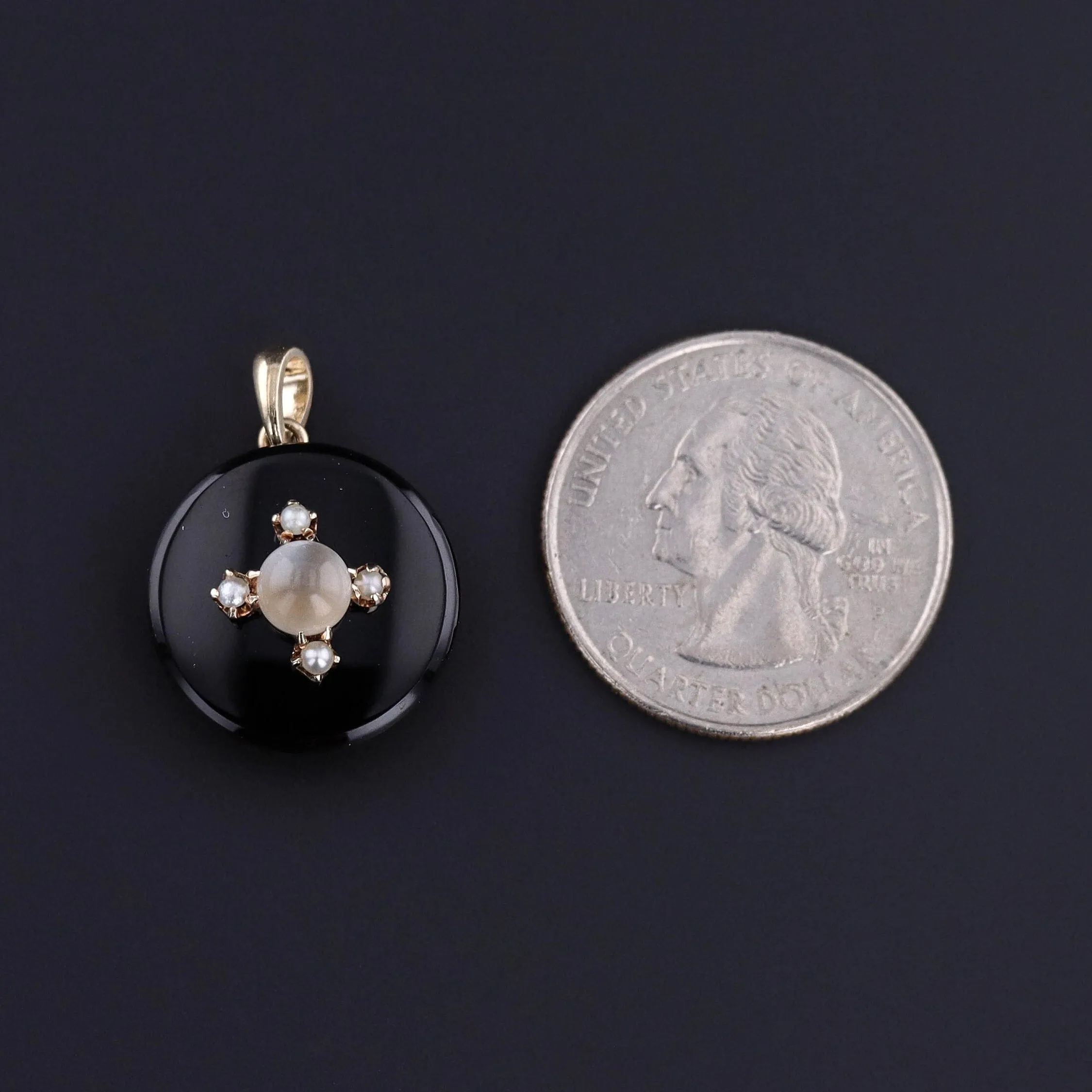 Antique Onyx Moonstone & Pearl Pendant of 14k Gold