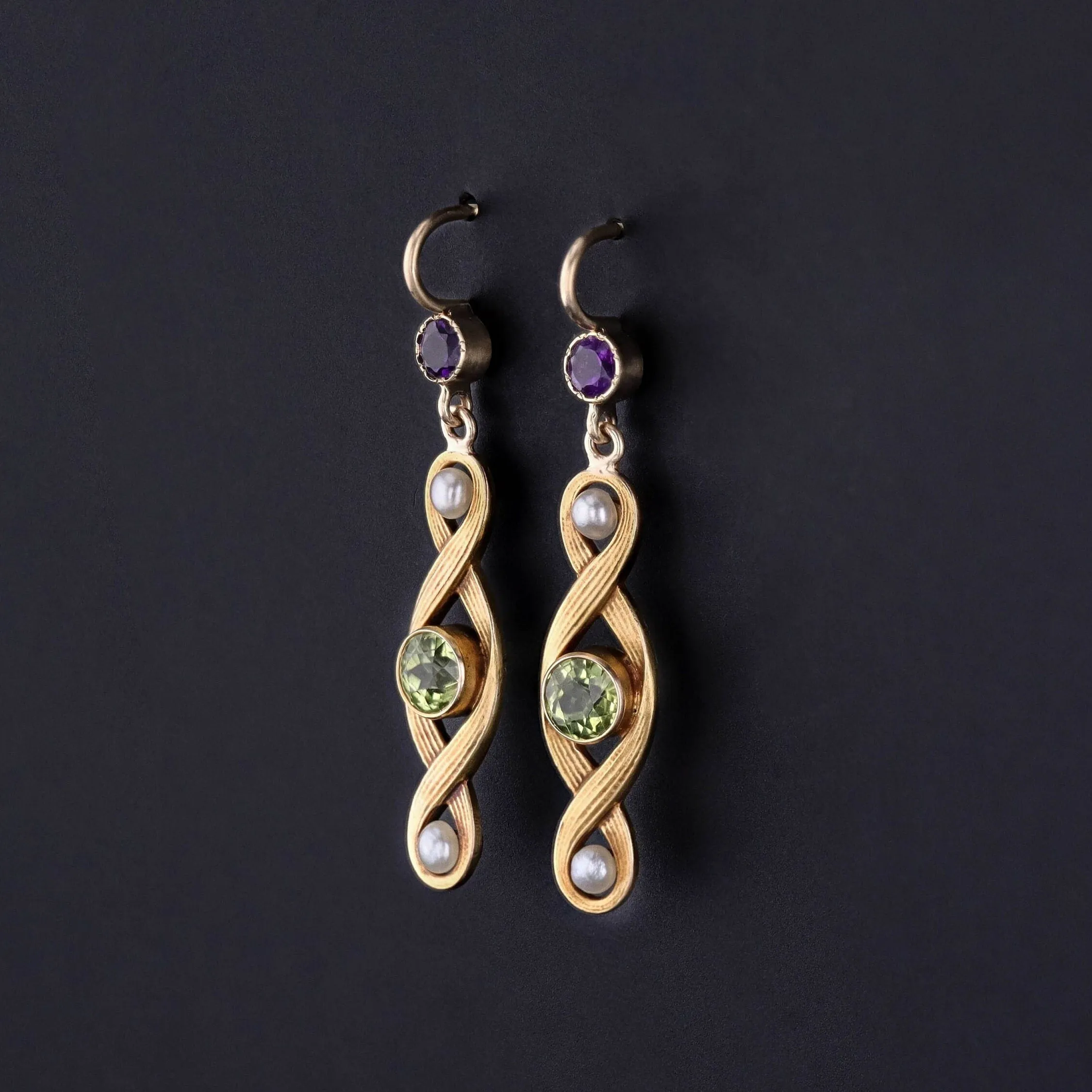 Antique Peridot, Amethyst, & Pearl Conversion Earrings of 10k Gold