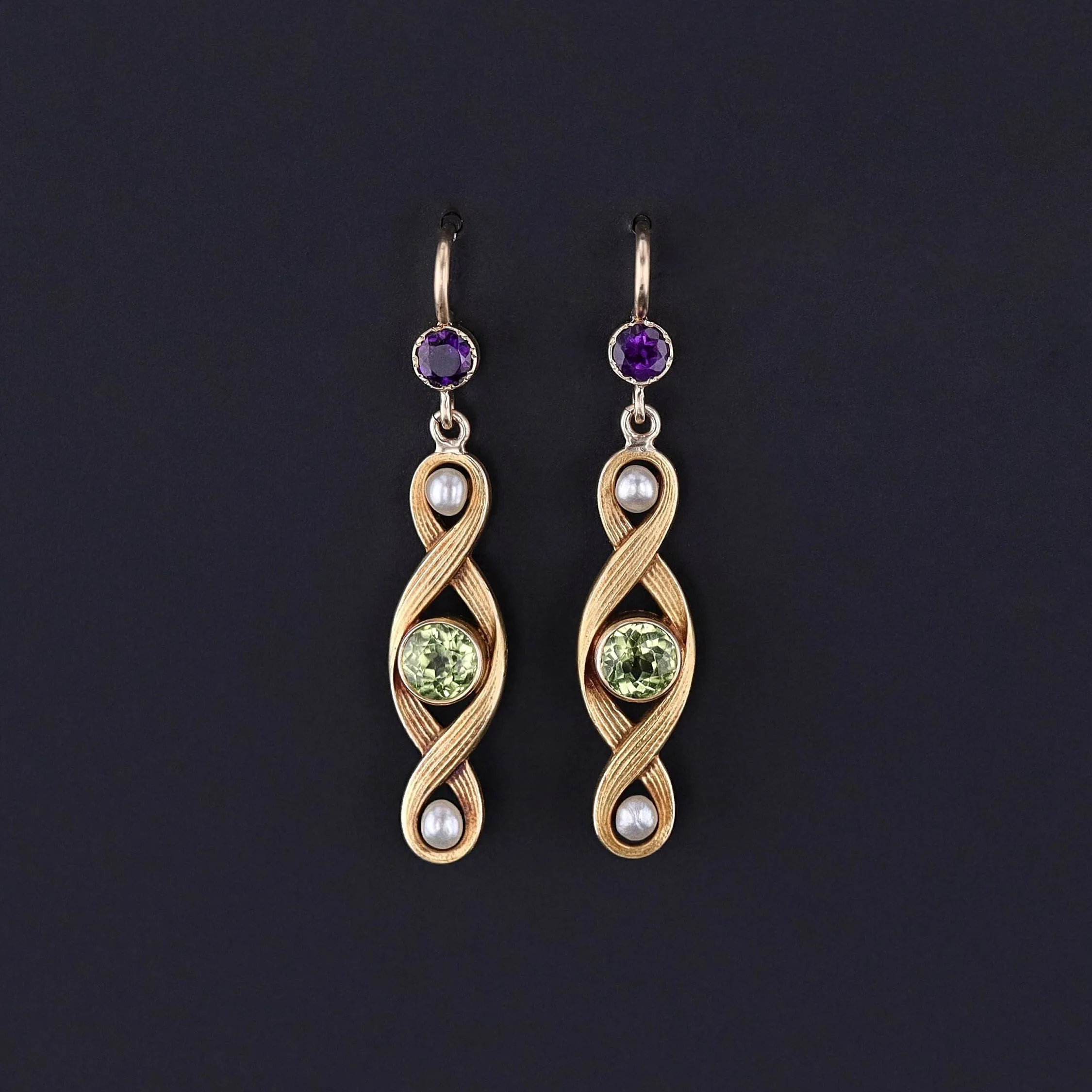 Antique Peridot, Amethyst, & Pearl Conversion Earrings of 10k Gold