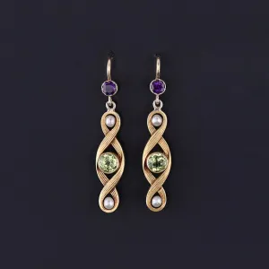 Antique Peridot, Amethyst, & Pearl Conversion Earrings of 10k Gold