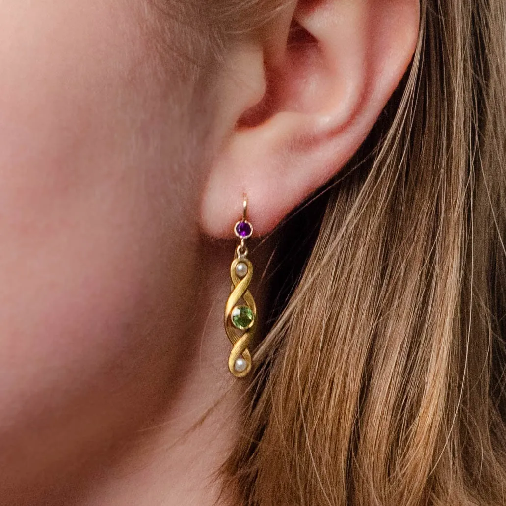 Antique Peridot, Amethyst, & Pearl Conversion Earrings of 10k Gold