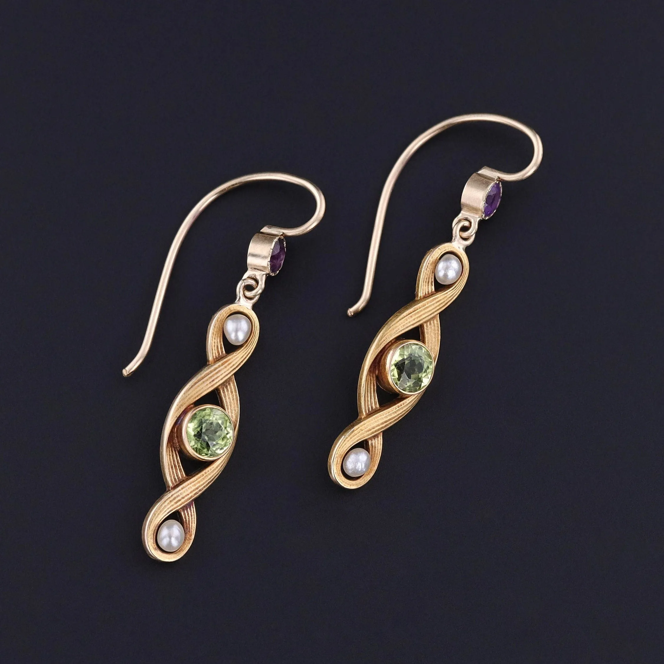 Antique Peridot, Amethyst, & Pearl Conversion Earrings of 10k Gold