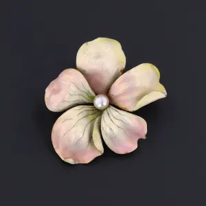 Antique Pink Flower Brooch or Pendant | Antique Enamel Flower