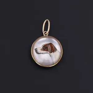 Antique Reverse Carved and Painted Crystal Dog Conversion Charm of 18k Gold