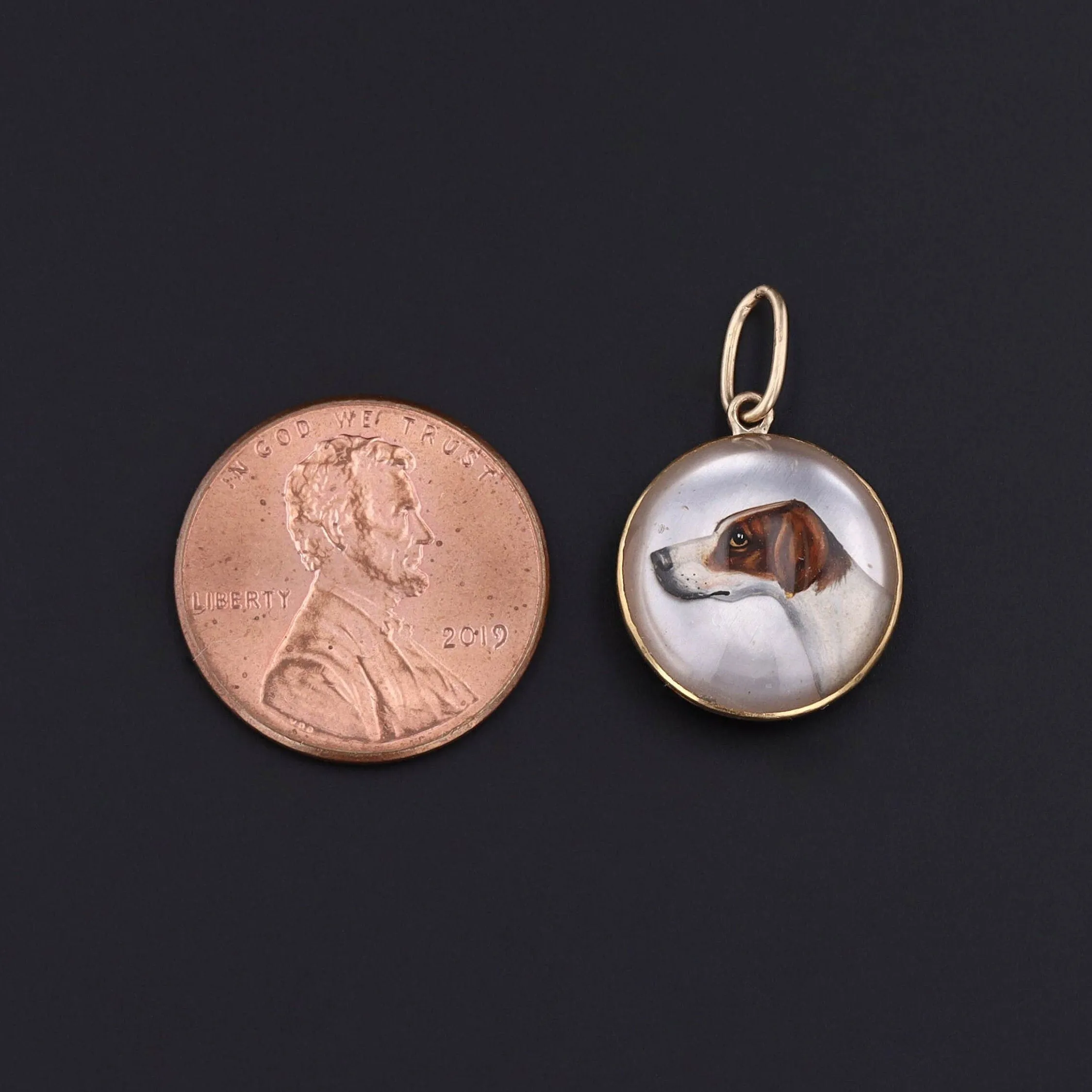 Antique Reverse Carved and Painted Crystal Dog Conversion Charm of 18k Gold