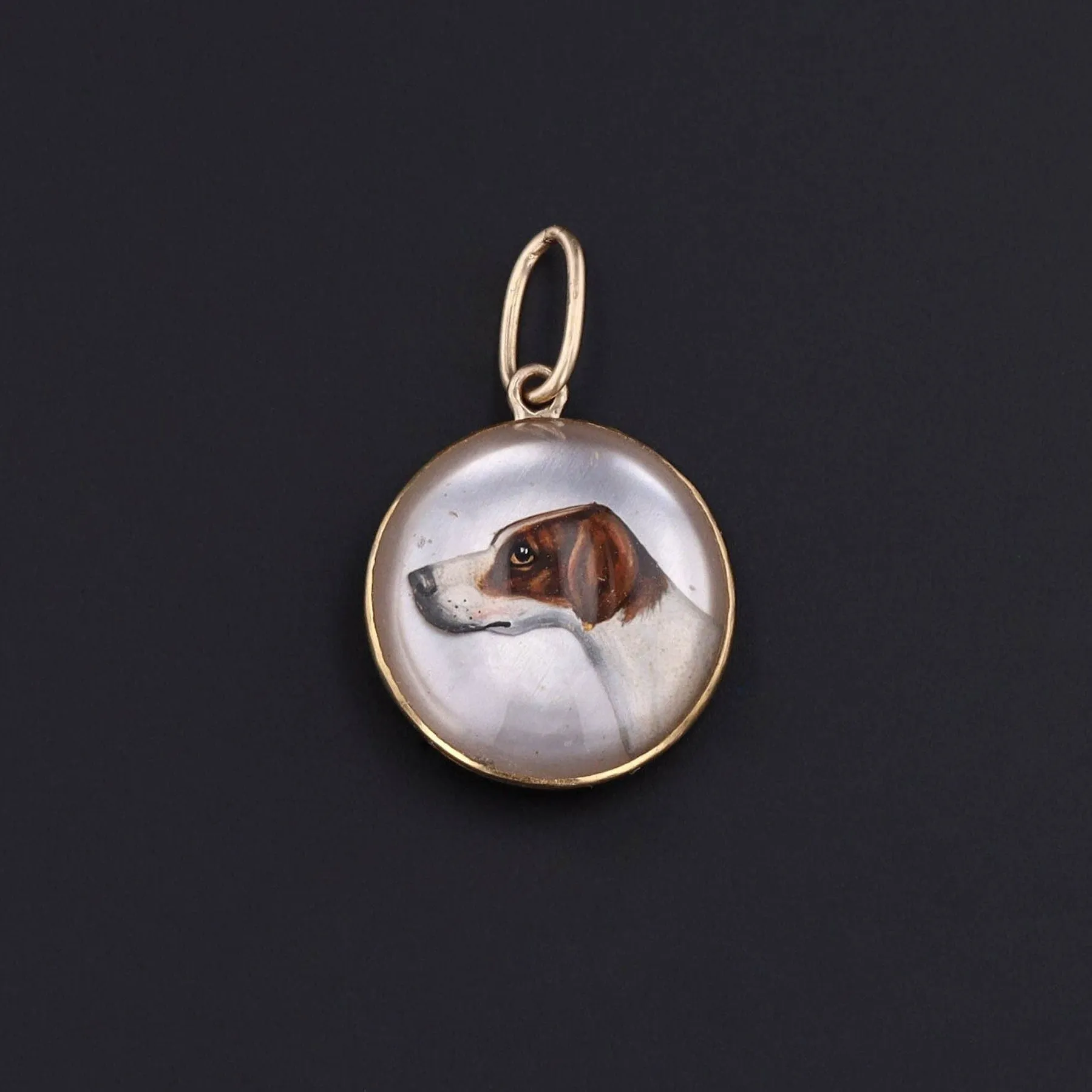 Antique Reverse Carved and Painted Crystal Dog Conversion Charm of 18k Gold