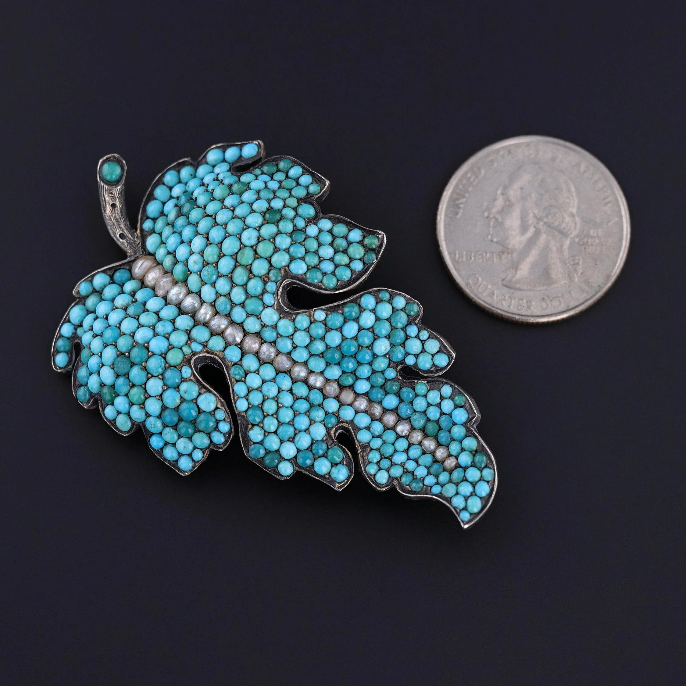 Antique Turquoise and Pearl Leaf Brooch