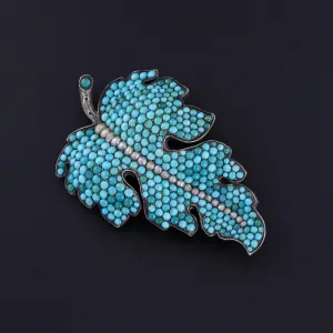 Antique Turquoise and Pearl Leaf Brooch