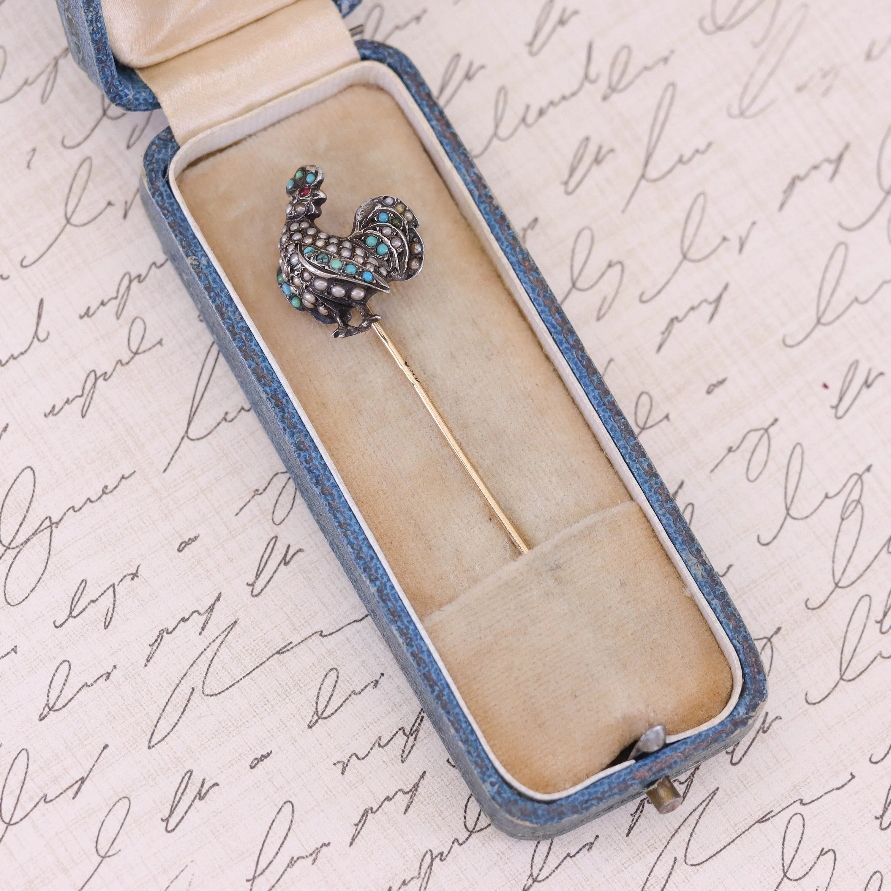 Antique Turquoise and Pearl Rooster Stick Pin