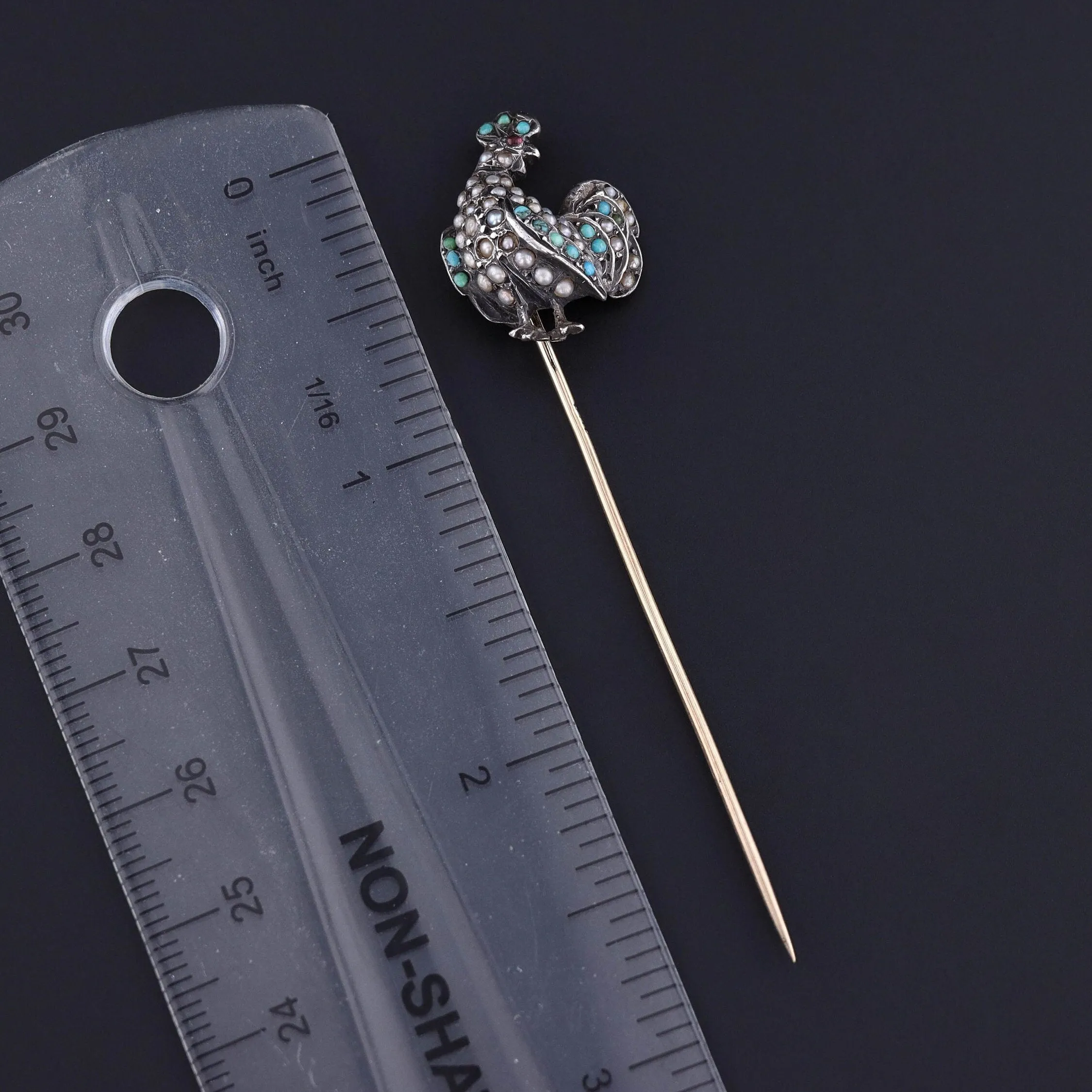 Antique Turquoise and Pearl Rooster Stick Pin