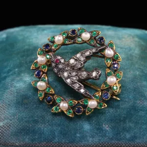 Antique Victorian 18K Yellow Gold and Silver Topped Diamond Swallow Bird Pin