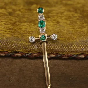 Antique Victorian 18K Yellow Gold Old Cut Emerald and Diamond Sword Stick Pin