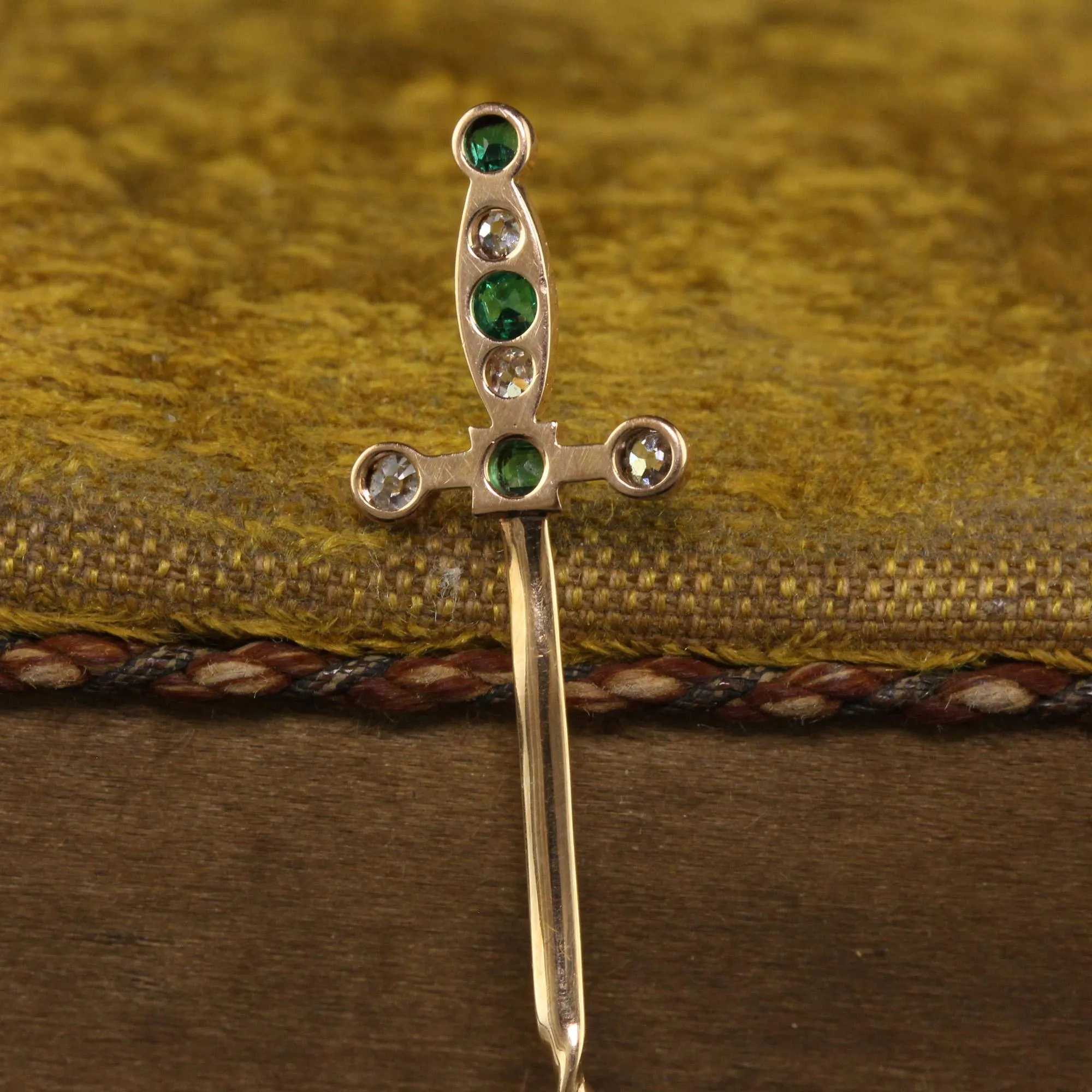 Antique Victorian 18K Yellow Gold Old Cut Emerald and Diamond Sword Stick Pin
