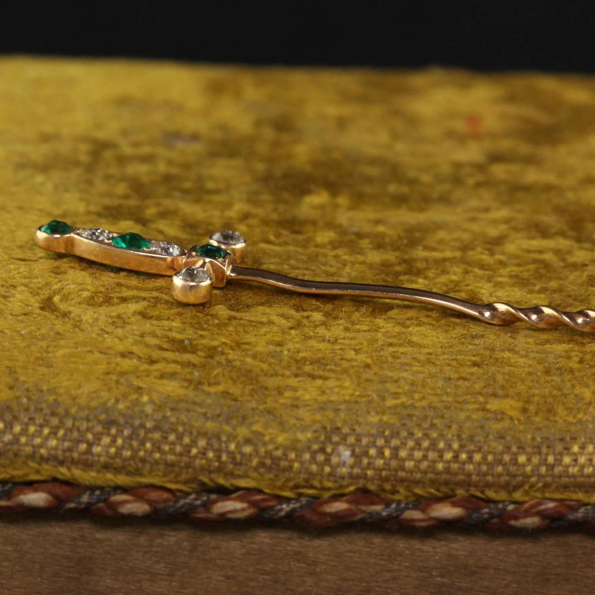 Antique Victorian 18K Yellow Gold Old Cut Emerald and Diamond Sword Stick Pin