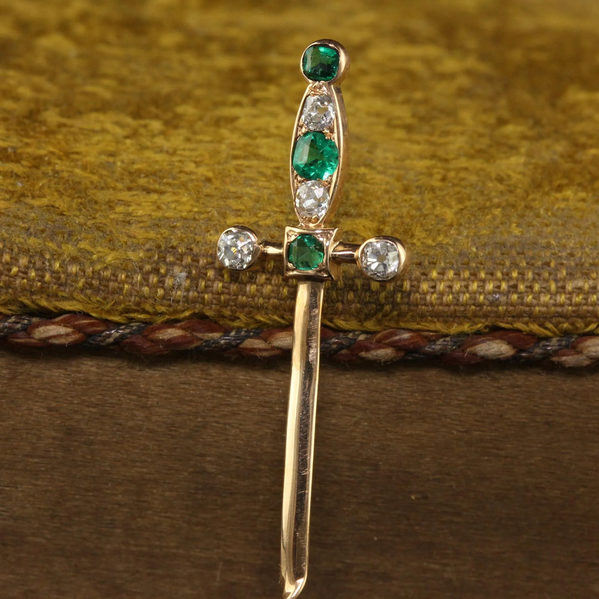 Antique Victorian 18K Yellow Gold Old Cut Emerald and Diamond Sword Stick Pin