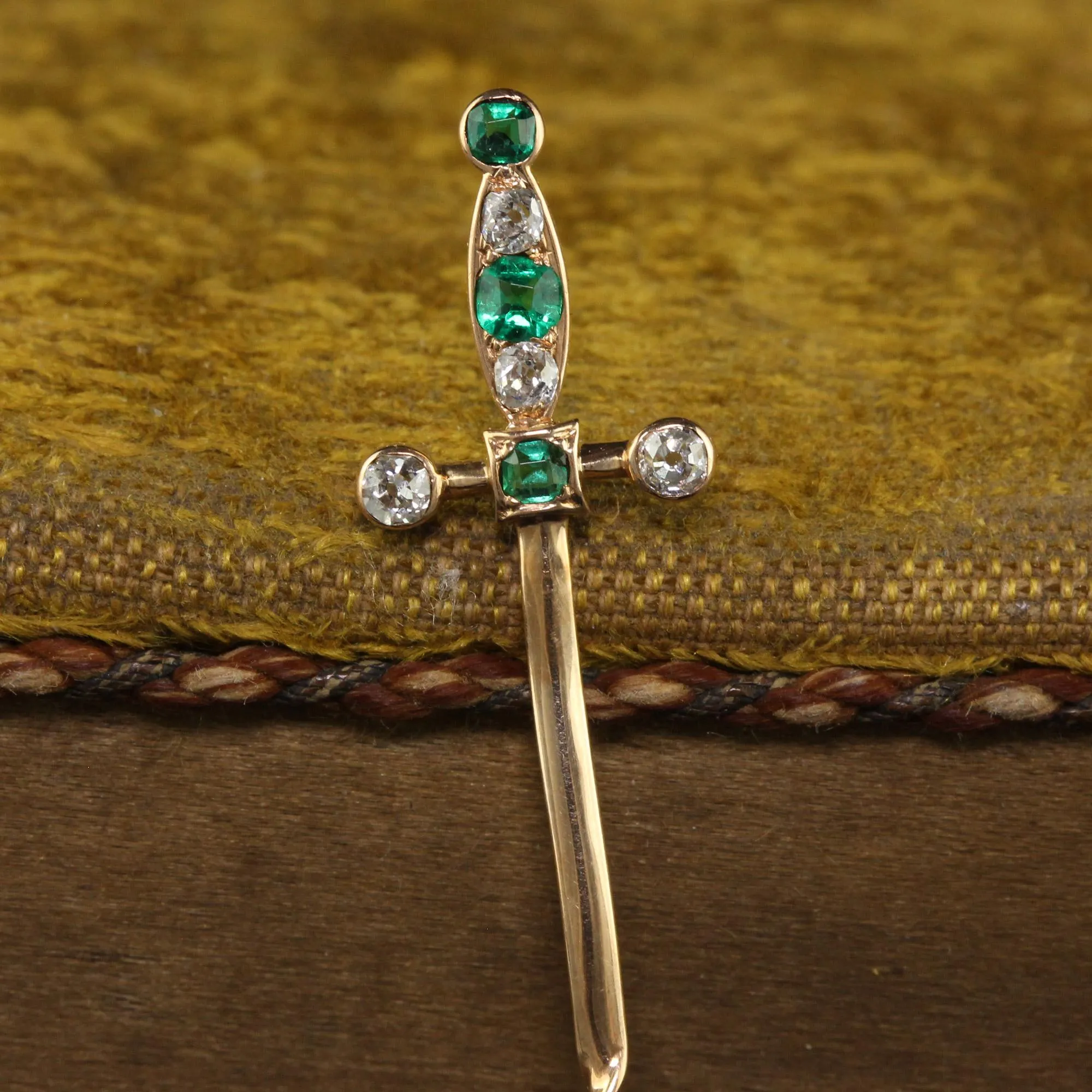 Antique Victorian 18K Yellow Gold Old Cut Emerald and Diamond Sword Stick Pin