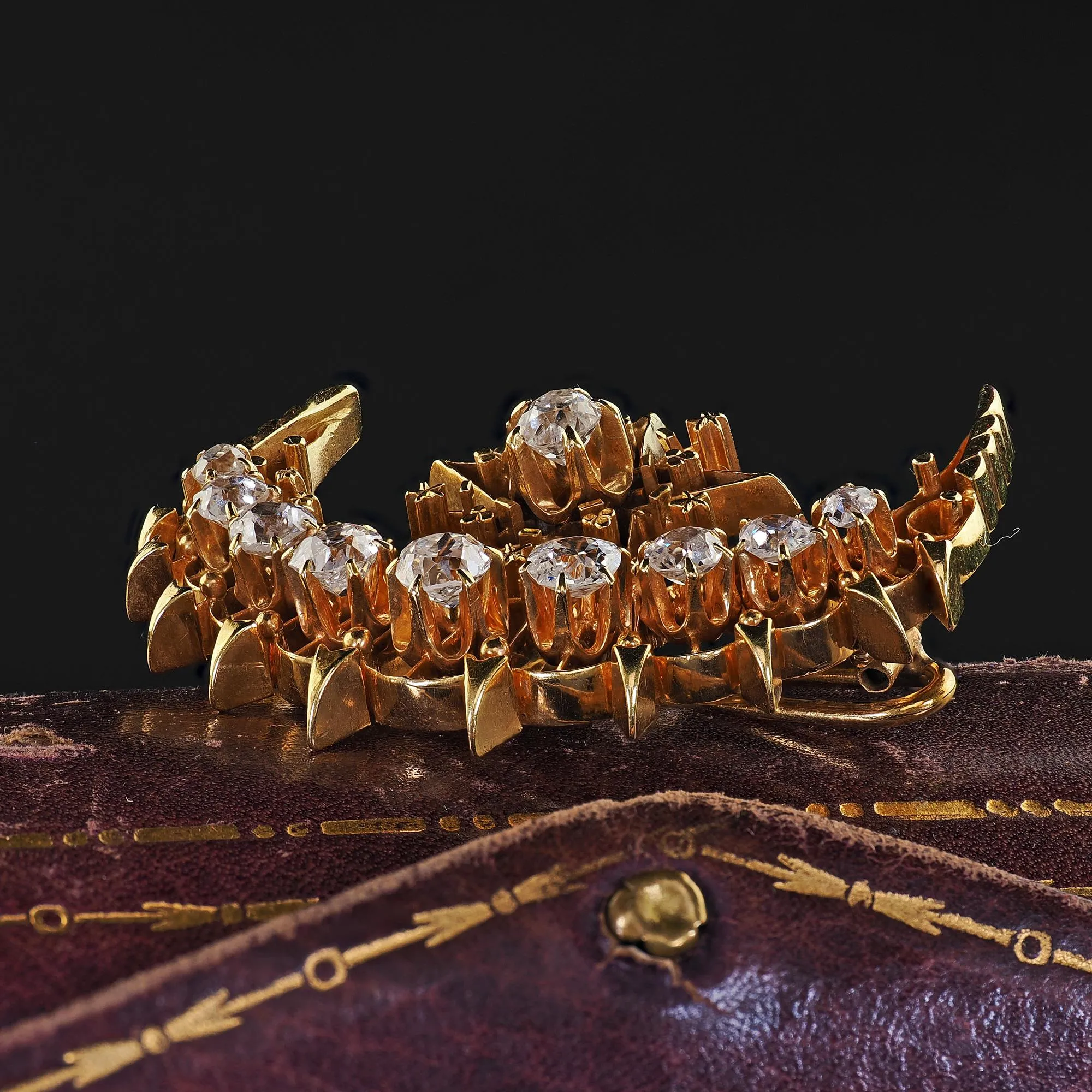 Antique Victorian 18K Yellow Gold Old Mine Diamond Celestial Crescent Pin Brooch