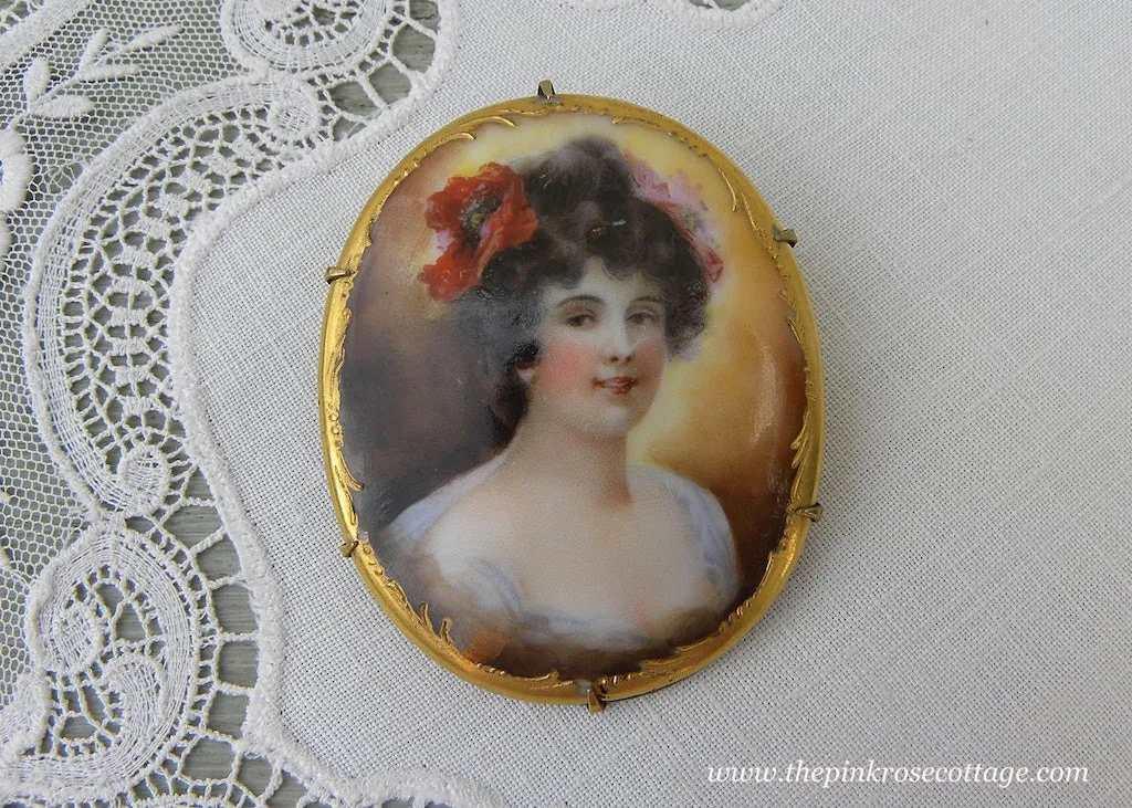 Antique Victorian Edwardian Hand Painted Woman with Poppy Pin Brooch