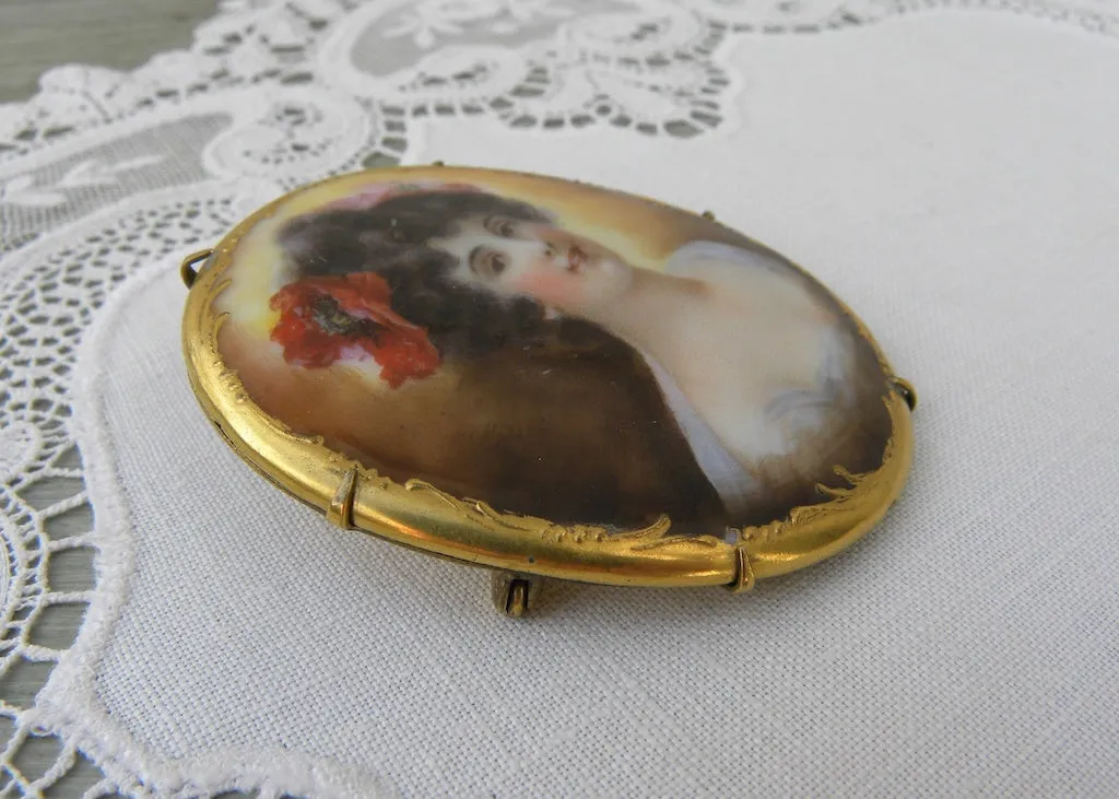 Antique Victorian Edwardian Hand Painted Woman with Poppy Pin Brooch