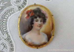 Antique Victorian Edwardian Hand Painted Woman with Poppy Pin Brooch
