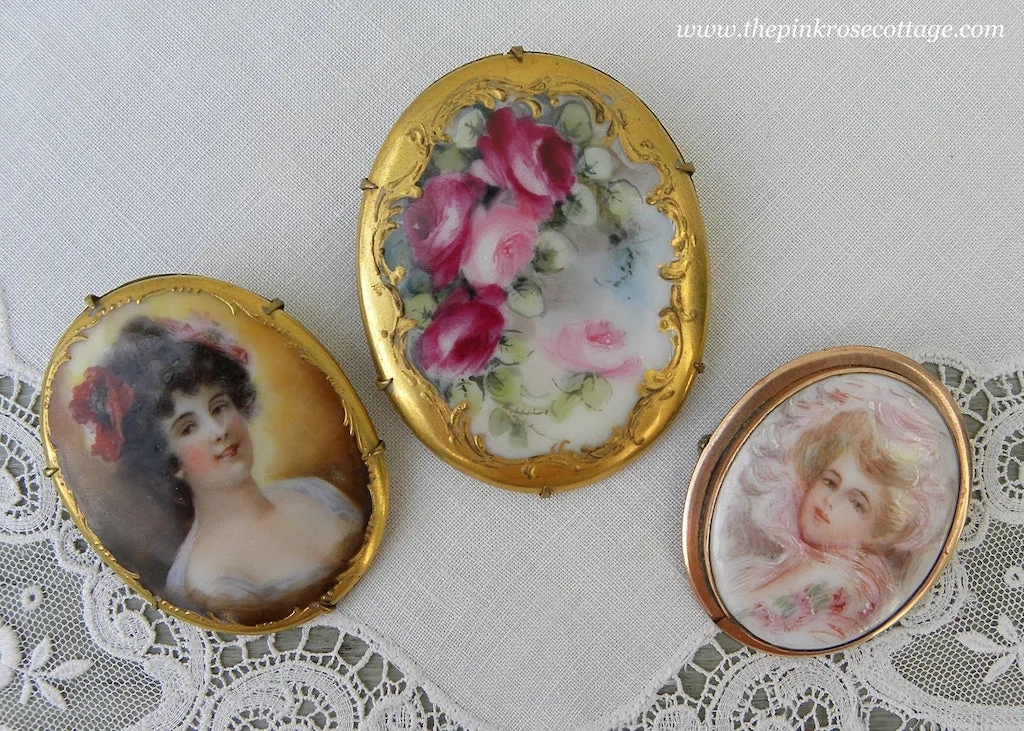 Antique Victorian Edwardian Hand Painted Woman with Poppy Pin Brooch